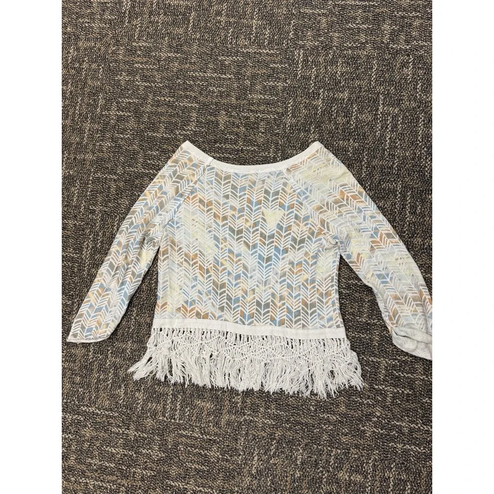 Free People Chevron Printed French Terry Top Macrame Fringe Hem Off-White Small